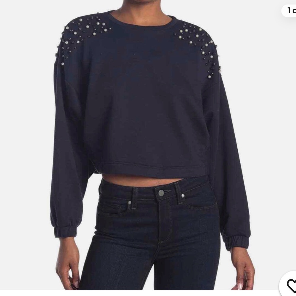 14 & Union Faux Pearl Crew Neck in Black